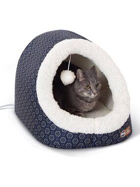 New Thermo-Pet Cave Heated Cat Bed Navy Geo Flower Design, 17x15x13 Inches